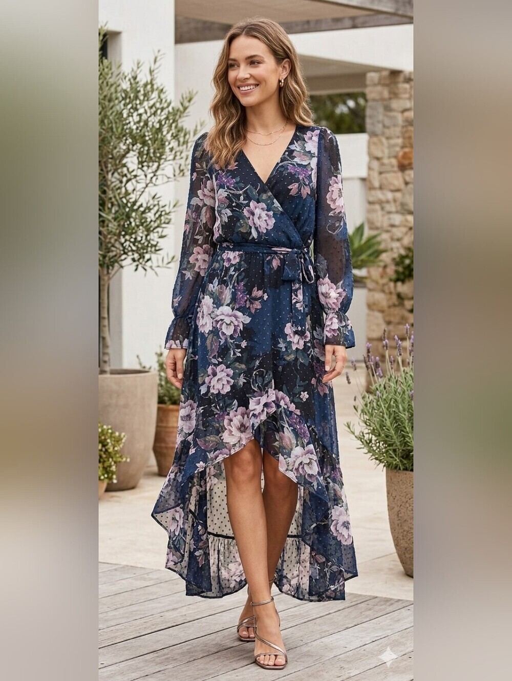 Free Press Clothing Sheer Long Sleeve Floral Faux Wrap Dress Size Medium green